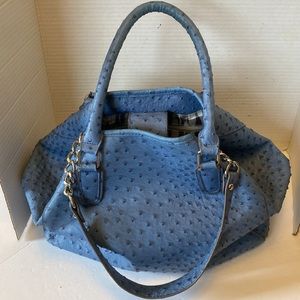 Blue ostrich, patterned, simulated, leather shoulder bag.